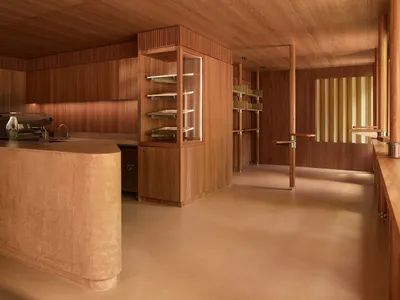 Modern kitchen with wooden floors and cabinets, featuring a sink, refrigerator, and microwave, with natural light and a warm atmosphere