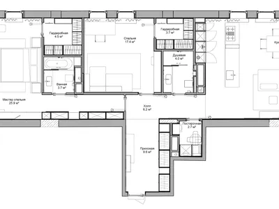 Black and white floor plan of a living room and kitchen with a couch, dining table, sink, and refrigerator, featuring natural lighting and a minimalist style