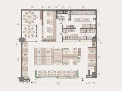 2D top-down floor plan of a modern restaurant with wood construction, dining tables, and natural light from windows