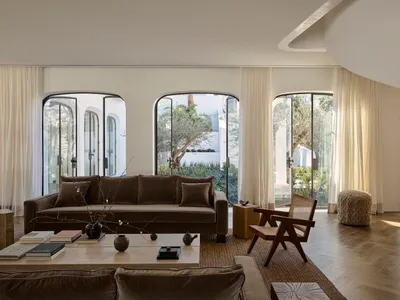Cozy modern living space with brown furniture, potted plants, and natural light from windows