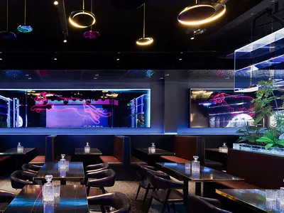黑色和紫色裝潢的餐廳內部、紅酒杯子、低調照明