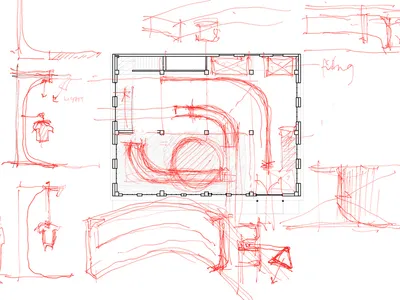 Detailed black and white floor plan of a minimalist residential space featuring a kitchen and bathroom with various elements and labels