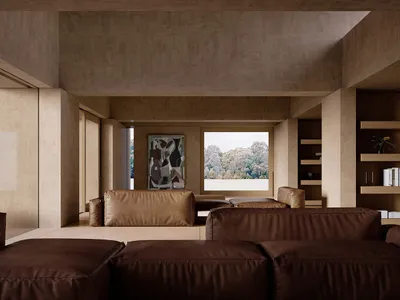 A well-lit living room with a leather sofa, a chair, and a dining table, surrounded by clean lines and minimalistic design elements