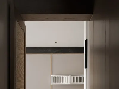 一間現代廚房，白色桌面，玻璃桌子，椅子，設置在一間昏暗的空間中
