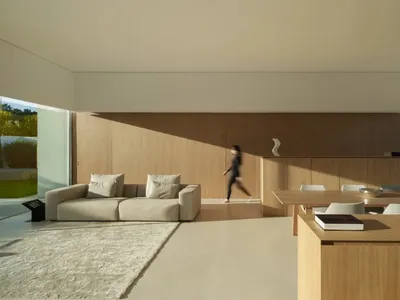 A woman walks towards a dining table in a well-lit living room with a couch and chair