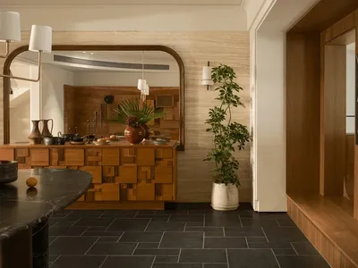 Cozy kitchen with a wooden floor, black countertop, and natural materials, featuring a sink, potted plant, and vase, with dim lighting