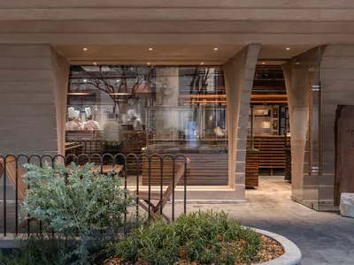 A restaurant dining area with wooden tables and chairs, potted plants, and natural lighting, creating a warm and inviting atmosphere