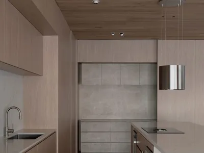 Warm and elegant kitchen with wooden cabinets, marble countertop, sink, oven, and refrigerator, dim lighting creating a cozy atmosphere