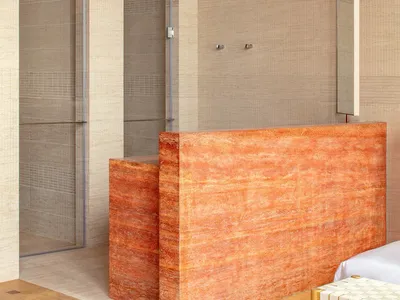 紅橘色花崗岩 countertops、現代設計和溫暖親切的氛圍的浴室