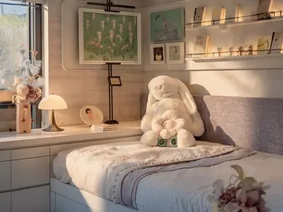 Cozy bedroom with a white comforter, a desk, chair, bookshelf, and vase, featuring soft and warm lighting