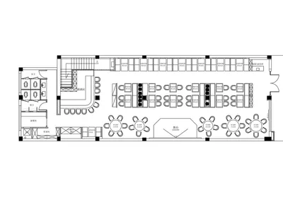 2D floor plan of a modern restaurant with clean lines, minimalistic design, and predominantly concrete and glass materials