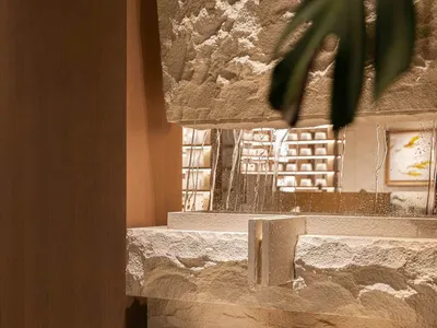 Bathroom with a stone wall, metal sink, and a potted plant, featuring dim lighting and a cozy atmosphere