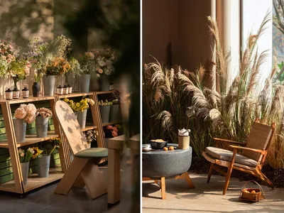 A well-lit living room with a couch, chair, and dining table, paired with a flower shop featuring potted plants and decorative vases