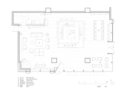 A classic black and white floor plan of a large dining room with multiple chairs and tables, well-lit and inviting