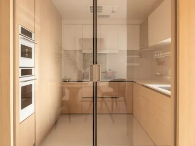 Modern kitchen with wooden cabinets, glass door, and appliances, featuring a refrigerator, oven, and sink, with natural light entering through the open door