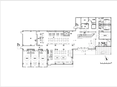 黑白餐廳空間佈局圖，豪華大餐廳空間，充足照明，簡潔設計