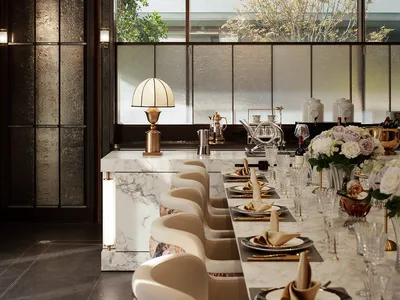 Dining room with a large window, a wooden dining table, and comfortable chairs, set for a meal, with a potted plant adding greenery, in a soft and warm lighting atmosphere