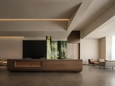 Modern kitchen with a wooden countertop, a black TV, and a dining table, featuring dim lighting