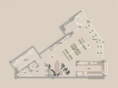 酒店樓層圖案，現代酒店的頂視圖，表現出混凝土和玻璃建材的結構，展示出房間佈局和尺寸