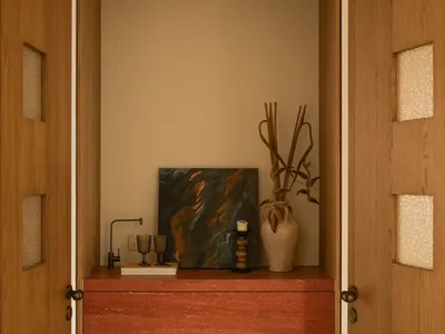 Bathroom with a wooden cabinet, red top, picture, vase, sink, and potted plant, well-lit with natural and artificial light