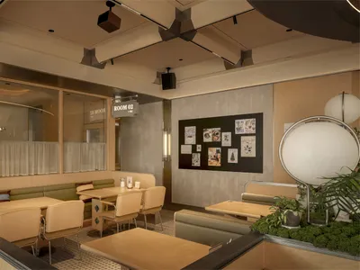 A modern restaurant with a large dining area featuring multiple seating options, wood and glass materials, and natural light from windows