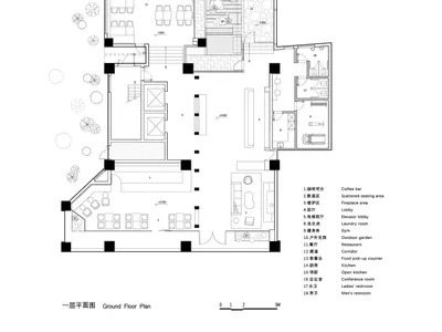 飯店的黑白平面圖，標示房間與空間，展現簡約實用的設計，採用傳統材質與自然採光