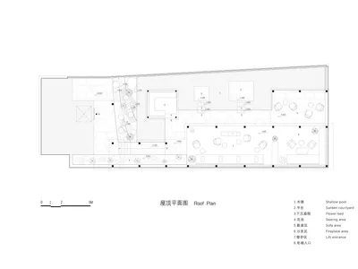 2D floor plan of a modern restaurant with dining tables, chairs, and clear labels and measurements