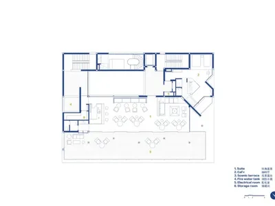 2D floor plan of a modern restaurant dining area with tables and chairs, designed for multiple guests, with linework and labels indicating furniture and layout details