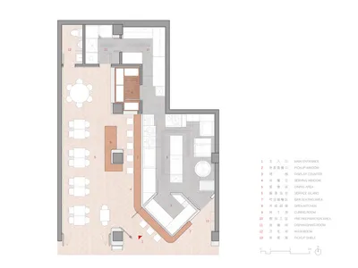 2D top-down floor plan of a modern hotel space with a combination of kitchen, dining, and living areas, featuring white surfaces and natural lighting