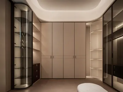 Cozy modern bedroom with a white color scheme, a large closet with a mirrored door, a bookshelf with a glass door, and a bench, set against a dimly lit background