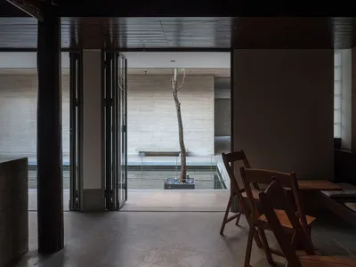 餐廳區域中央擺放一棵大樹，周圍環繞著餐椅與餐桌，木質地板搭配玻璃門引進自然光線