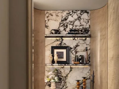 Modern living space with marble countertops, walls, and cabinet, featuring vases and a potted plant