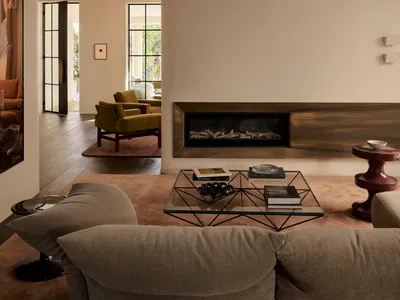 Cozy modern living room with a fireplace, glass enclosure, chandelier, and comfortable furniture, decorated with books and personal touches