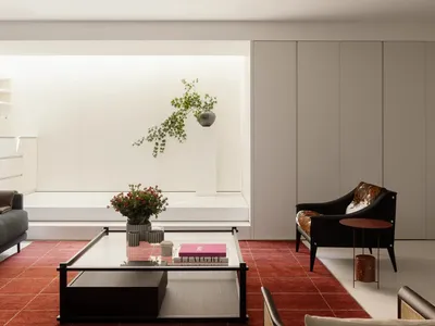Cozy living room with a red carpet, a couch, a chair, a coffee table, and a potted plant, well-lit with natural light from a window