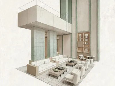 Modern living room with a large window, wood furniture, and glass accents, well-lit with natural light