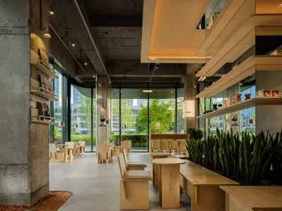 現代餐廳室內，木質家具、綠色植栽，以及大窗引入的自然光，營造明亮且親切的氛圍