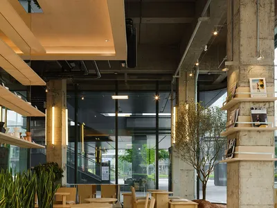 溫暖且親切的餐廳，擺設木質家具、自然光與人工照明，牆面陳列書籍