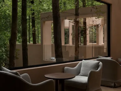 Cozy living room with a couch, chair, and dining table, surrounded by a forest view through a large window