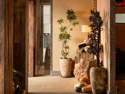 Cozy living space with a wooden floor, decorative elements, and natural light