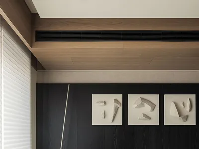 現代客廳空間，白色L型沙發、深色木質主牆掛有三幅立體雕塑藝術畫、圖案地毯，以及木質天花板細節。