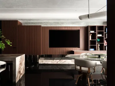 Modern luxury dining room with dark walnut built-in entertainment wall, large wall-mounted TV, marble dining table and light grey upholstered chairs.