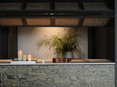Modern dark interior featuring a burl wood entertainment console with hidden lift-up storage, backlit display niche with vase and flowers, and decorative objects on the countertop.