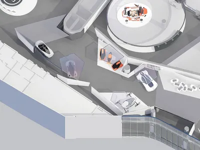 現代汽車展覽空間的俯視建築渲染圖，展示多輛概念車置於白色平台與玻璃展示間內。