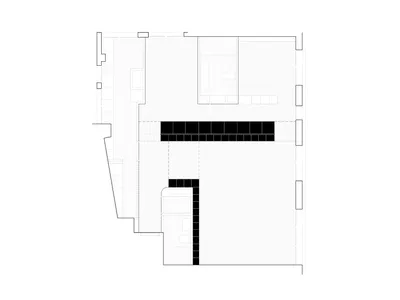 Black and white 2D architectural floor plan of a modern residential apartment showing living room, kitchen, bedrooms and bathrooms
