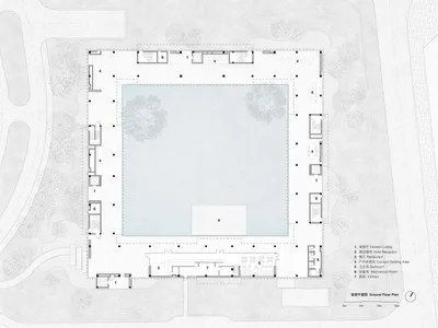 Monochrome architectural ground floor plan of a luxury hotel featuring a spacious central courtyard, labeled rooms including elevator lobby, hotel reception, restaurant, outdoor seating, bathrooms, mechanical rooms and kitchen.