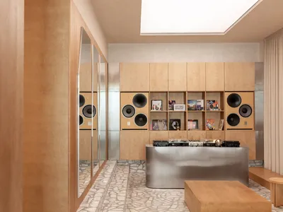 Modern music room with light birch plywood walls, built-in speakers, record collection, and a curved stainless steel console in the center.