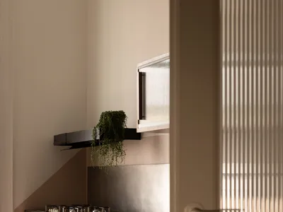現代極簡廚房，配有不鏽鋼櫥櫃、黑色排油煙機、垂吊綠色植物，以及粉白棋盤格磁磚地板，從半開的直條紋玻璃門望去。