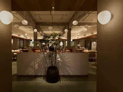 現代餐廳用餐區的視角，展現外露混凝土梁、多個白色球形吊燈、木質天花板，以及大型盆栽棕櫚在淺色隔板上投射的影子。