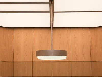 Modern jewelry store interior featuring curved light oak wall panels, dark metal display cases with glass tops, a central oval island vitrine, and a large circular pendant light.