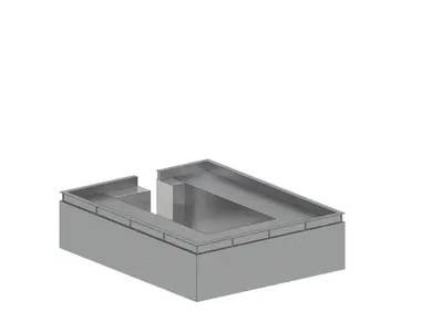 Monochrome 3D architectural model of a rectangular concrete rooftop terrace featuring a sunken seating area and raised perimeter walls.